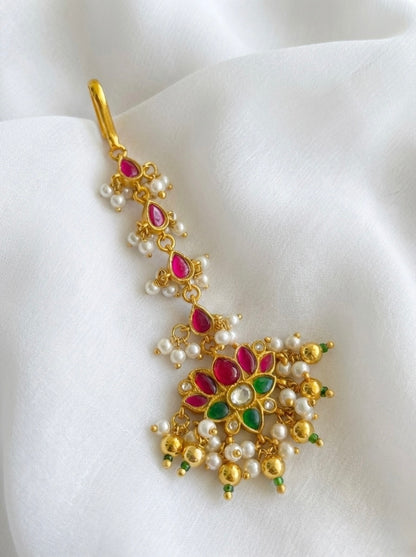Gold tone pink-green-white Kundan jadau lotus tikka dj-36357