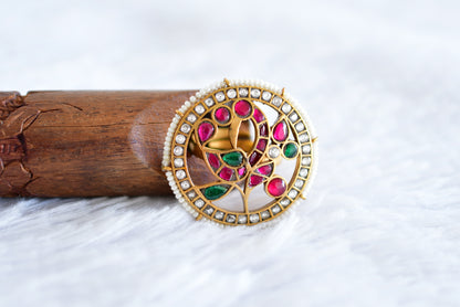 Gold tone pink-green-pearl kundan jadau round peacock finger ring dj-52367