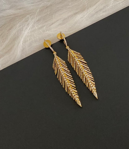 Dark antique gold tone white stone leaf long earrings dj-54641