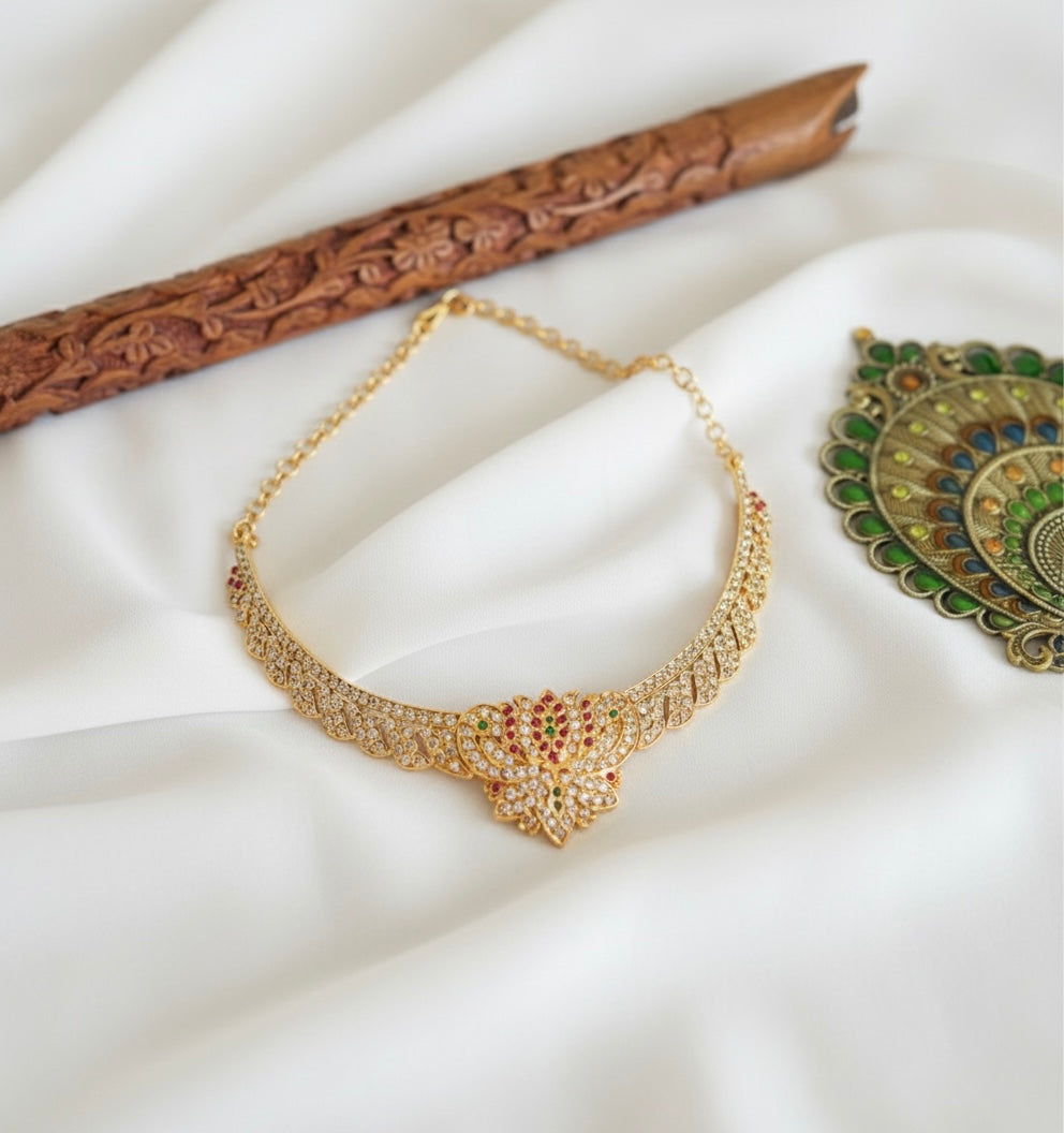 Gold tone South Indian style AD pink-green lotus attigai/necklace dj-52217