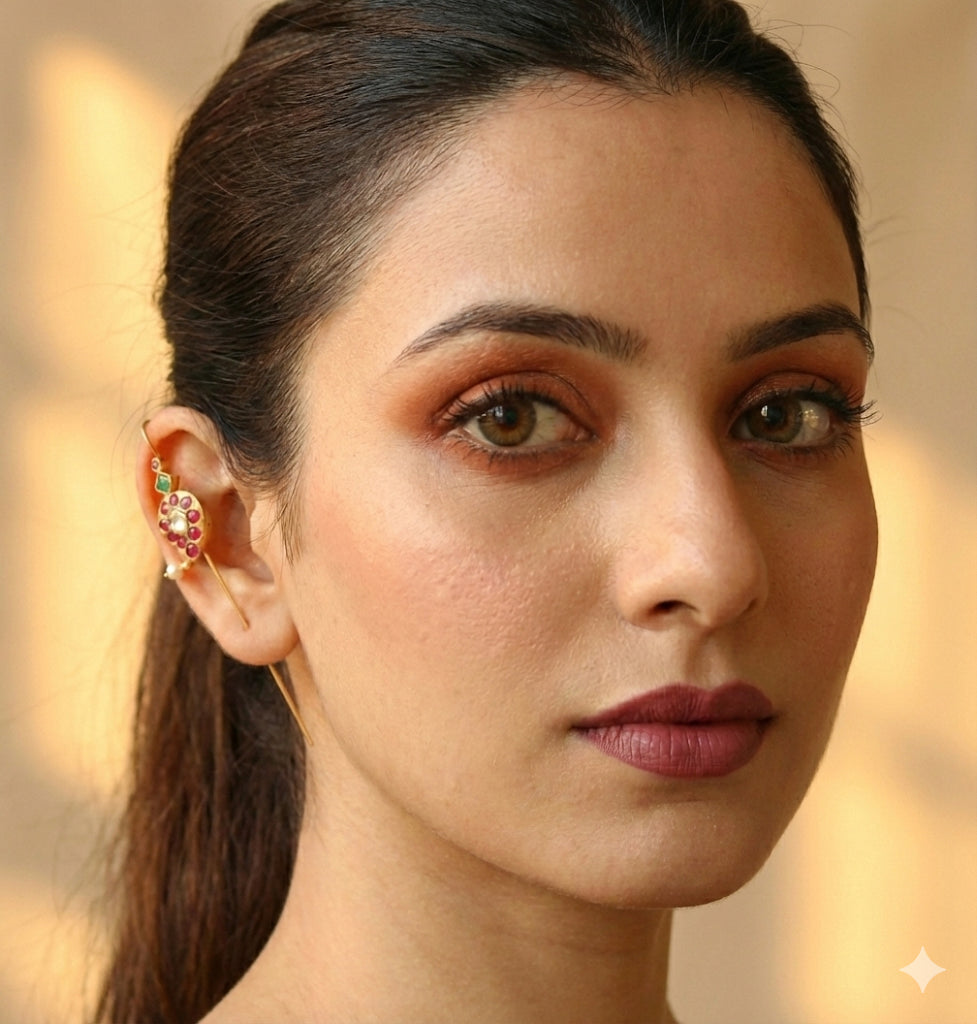 Gold tone pink-green-white kundan jadau mango bugadi needle earrings dj-52462