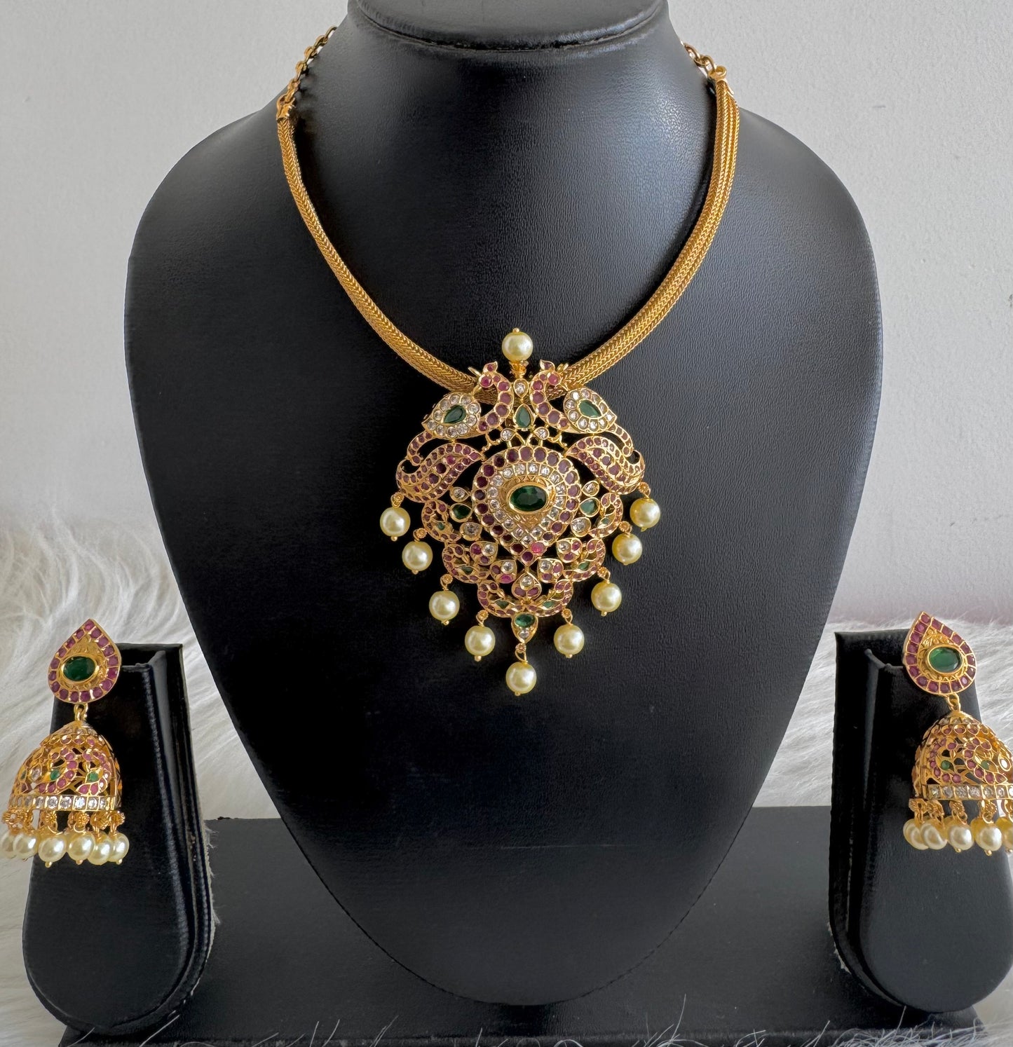 Matte finish cz ruby-green peacock necklace set dj-51227
