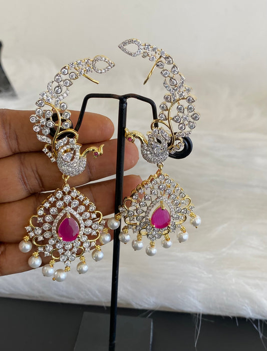 Two tone white-ruby stone pearl peacock khanpool earrings dj-54654