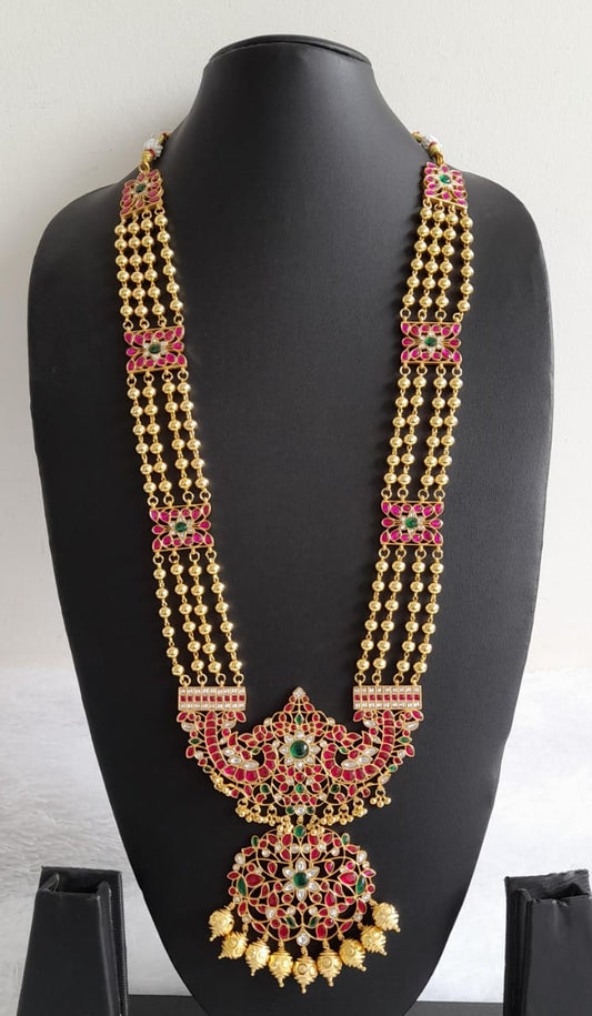Gold tone pink-green-white kundan jadau flower haar dj-50682