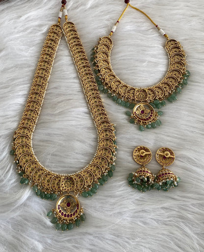 Antique gold tone kundan jadau pearl green beaded bridal set dj-54603