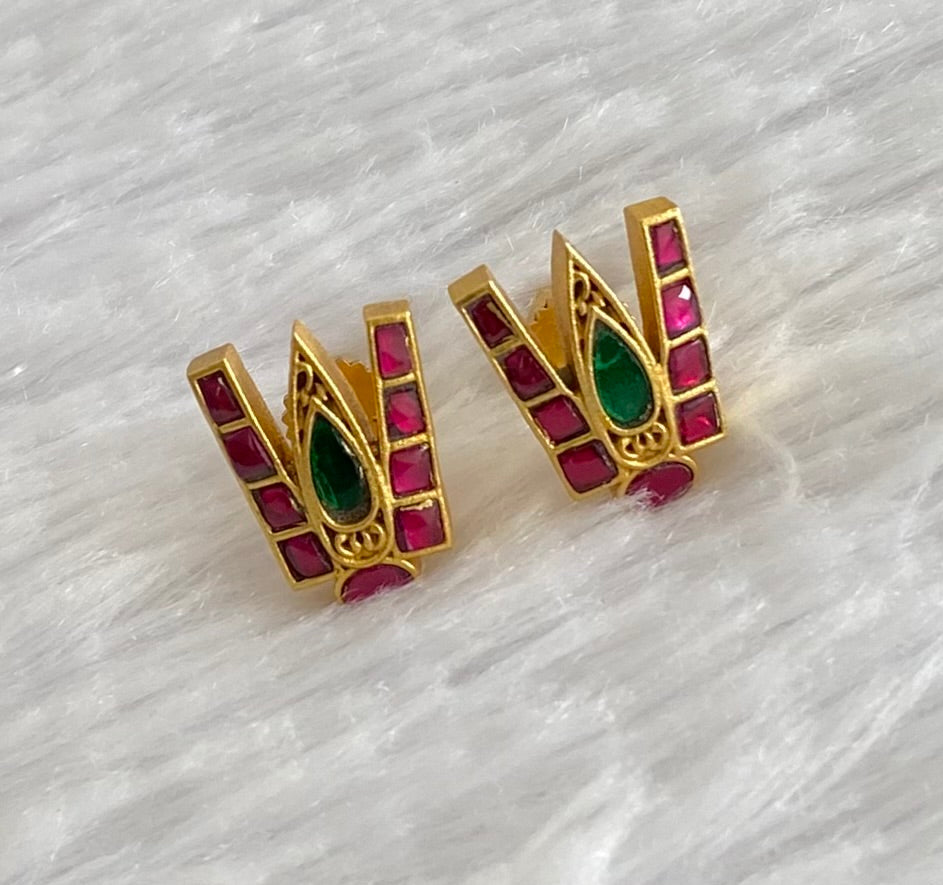 Gold tone pink-green kundan jadau shri thirumal nama earrings dj-53553