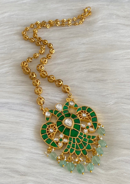 Gold tone pink-green-white kundan jadau Gandaberunda reversible necklace dj-53994