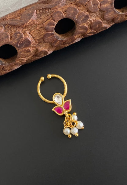 Gold tone kundan jadau white-pink stone pearl nose pin/bulakku dj-53804