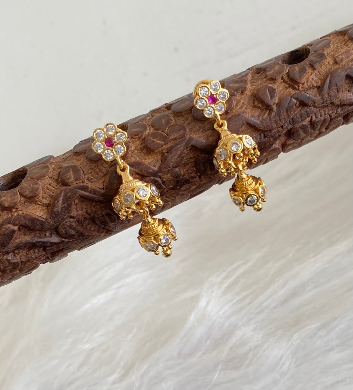 Gold tone ad pink-white stone south indian step jhumkka dj-54894