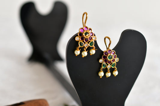 Gold tone kemp-green-white flower bugadi earrings dj-52498