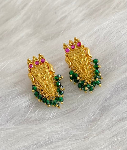 Gold tone pink stone green beaded nethipattam earrings dj-54205