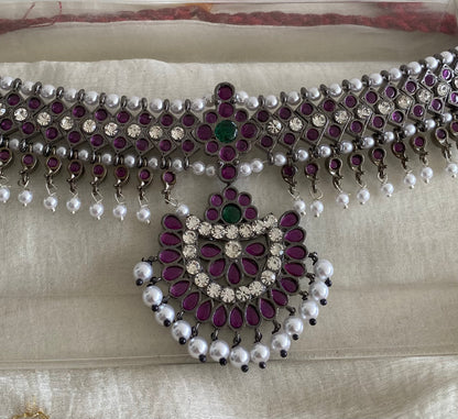 Black finish precious kemp-green-white pearl choker necklace dj-53953