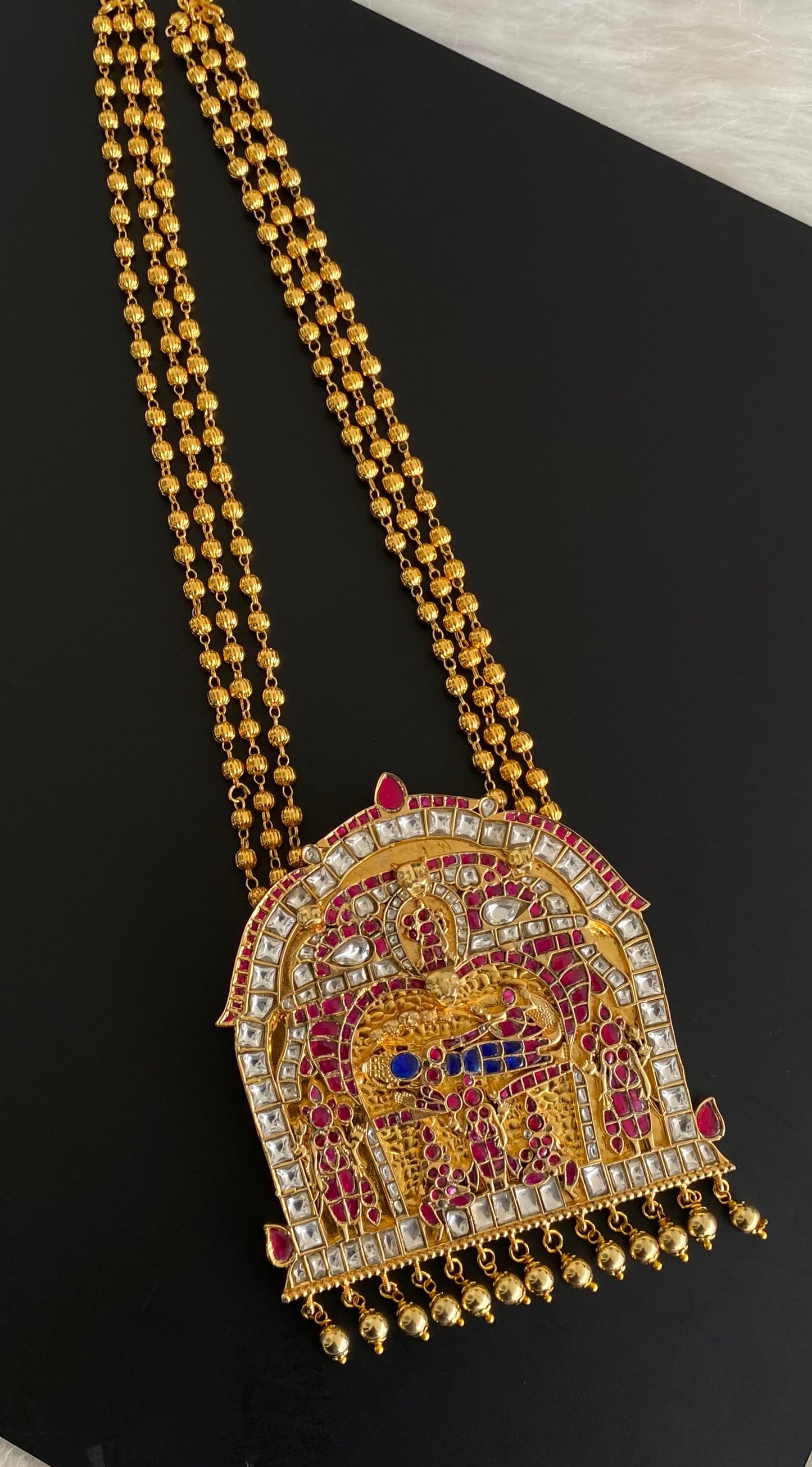Antique gold tone pink-blue-white kundan jadau shri ranganathar necklace dj-54305