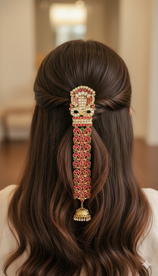 Gold tone pink-green kundan jadau jadai nagam/hair jewel dj-52033