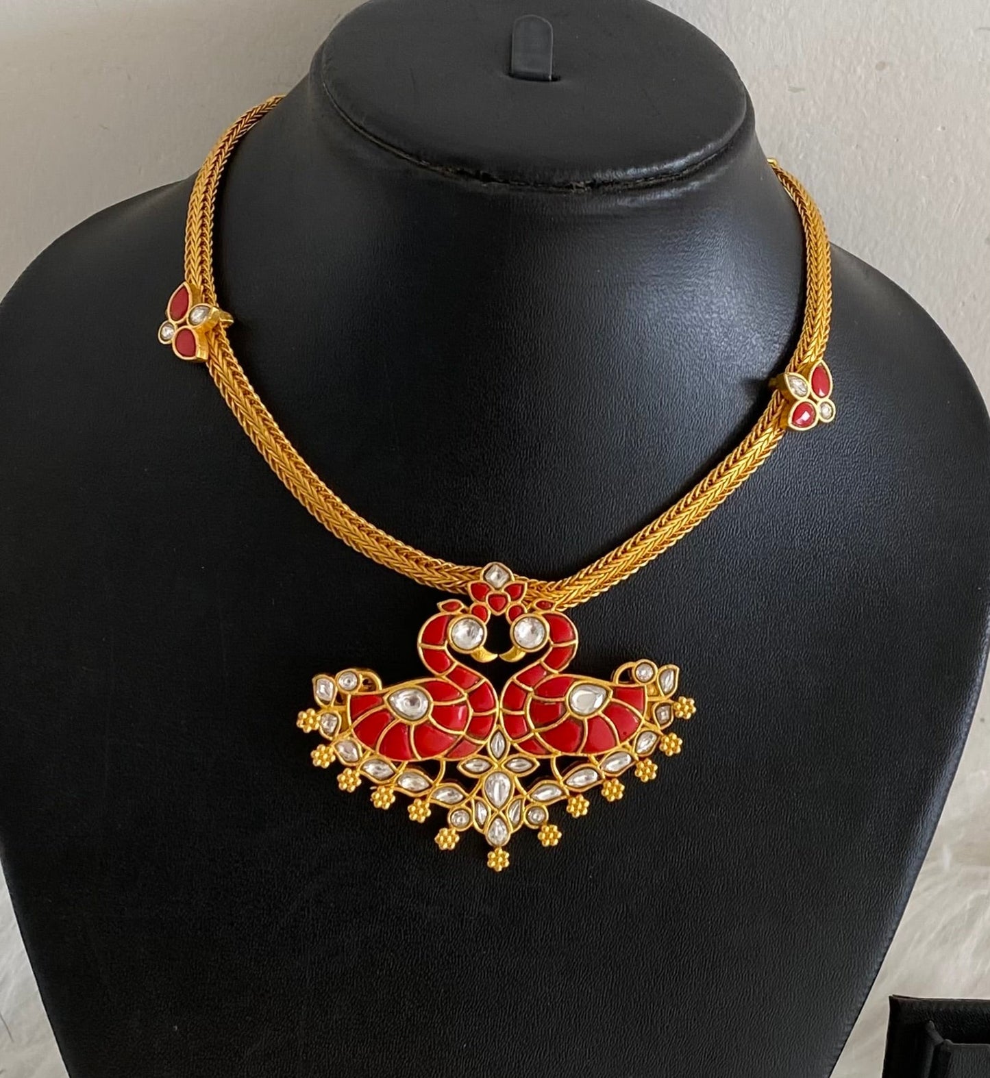 Gold tone coral white stone swan necklace dj-54492