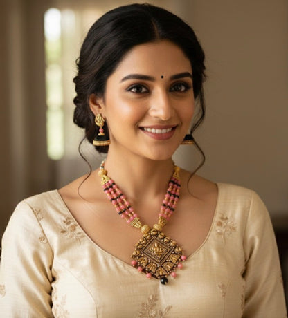 Antique gold tone Lakshmi Peach Pink Beaded Necklace Set -dj17516