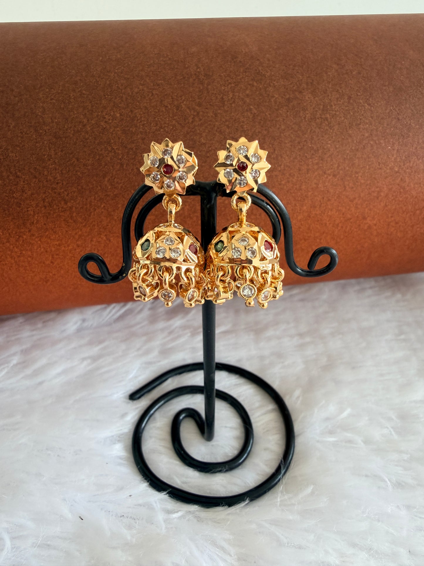 Gold tone AD pink-green-white south Indian flower jhumkka dj-53268