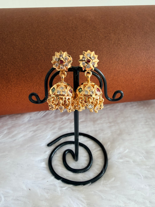 Gold tone AD pink-green-white south Indian flower jhumkka dj-53268