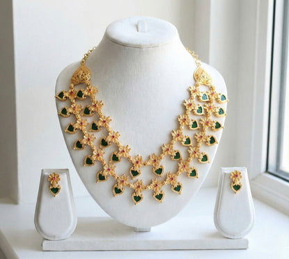 Gold tone pink stone Green palakka flower Kerala style double layer necklace set dj-41927
