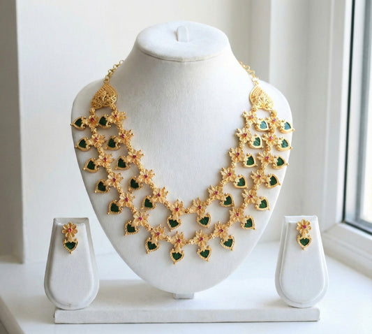 Gold tone pink stone Green palakka flower Kerala style double layer necklace set dj-41927