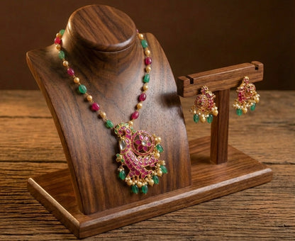 Gold Tone Cz Pink-green Uncut Polki Beaded Necklace Set DJ33712