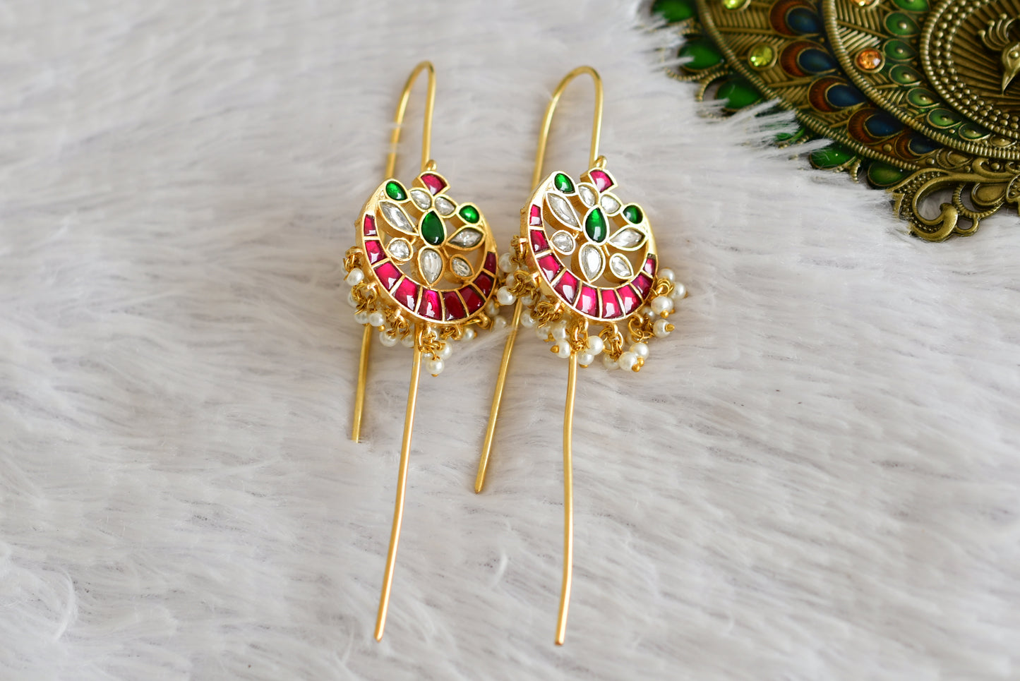Gold tone pink-green-white kundan jadau bali bugadi needle earrings dj-52458