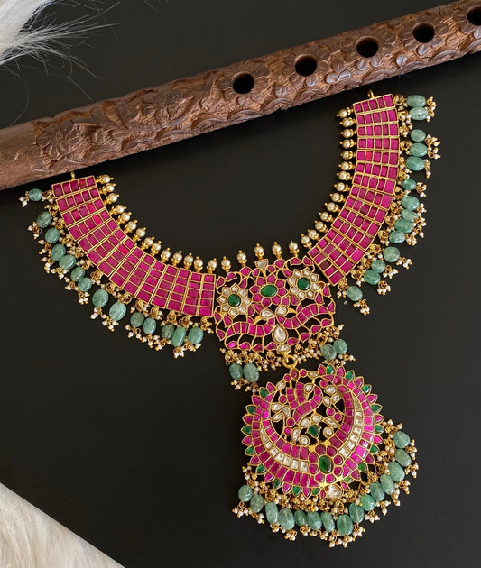 Antique gold tone peacock green beaded kundan jadau pearl necklace dj-54165