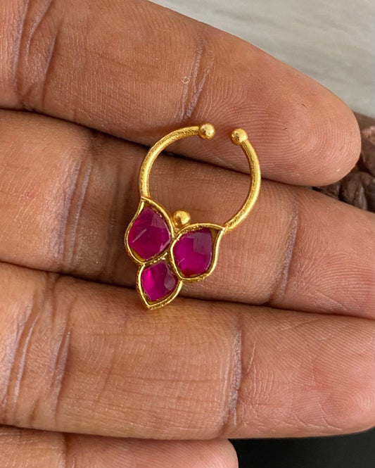 Gold tone kundan jadau pink stone nose pin/bulakku dj-53746