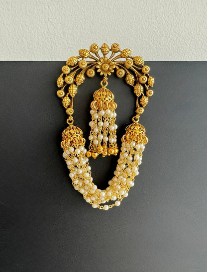 Antique gold tone pearl flower hair jewel dj-51344