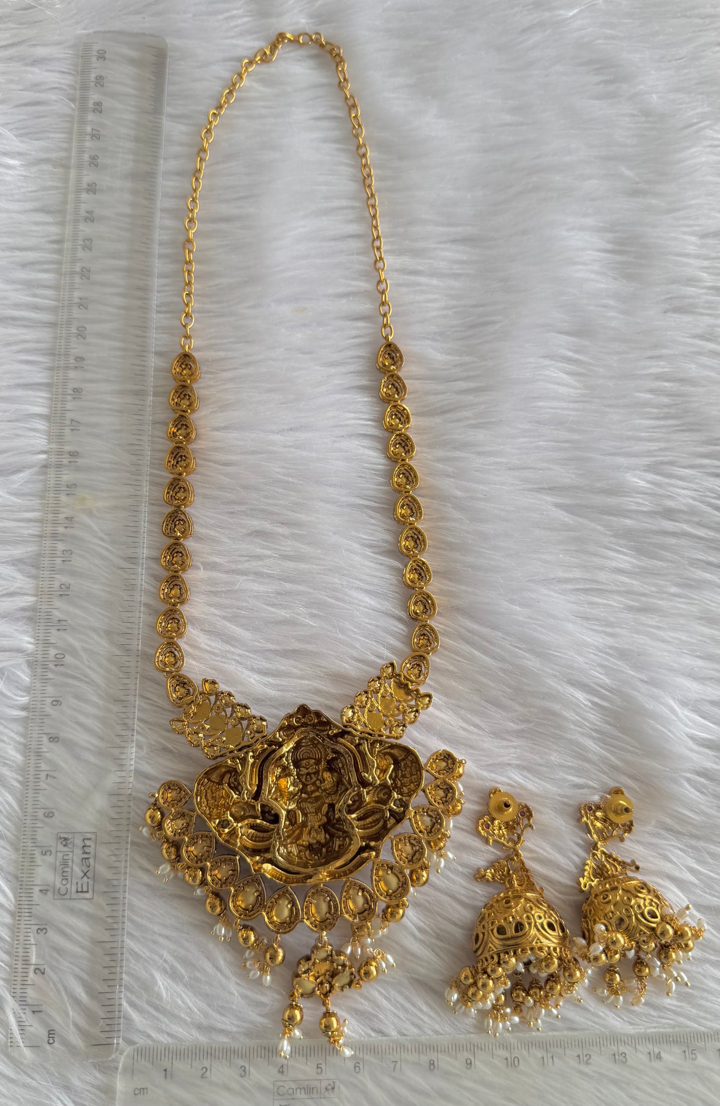 Antique gold tone pink-white stone lakshmi peacock necklace set dj-51113