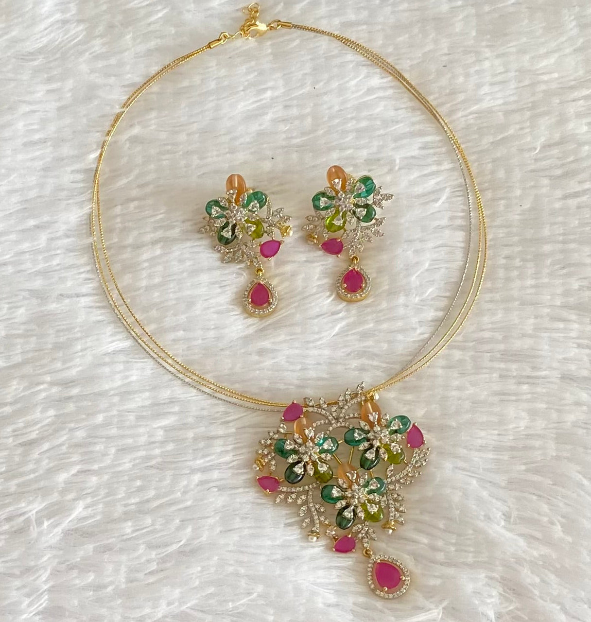 Two tone cz multicolor beaded pendant set with kanti necklace dj-53999