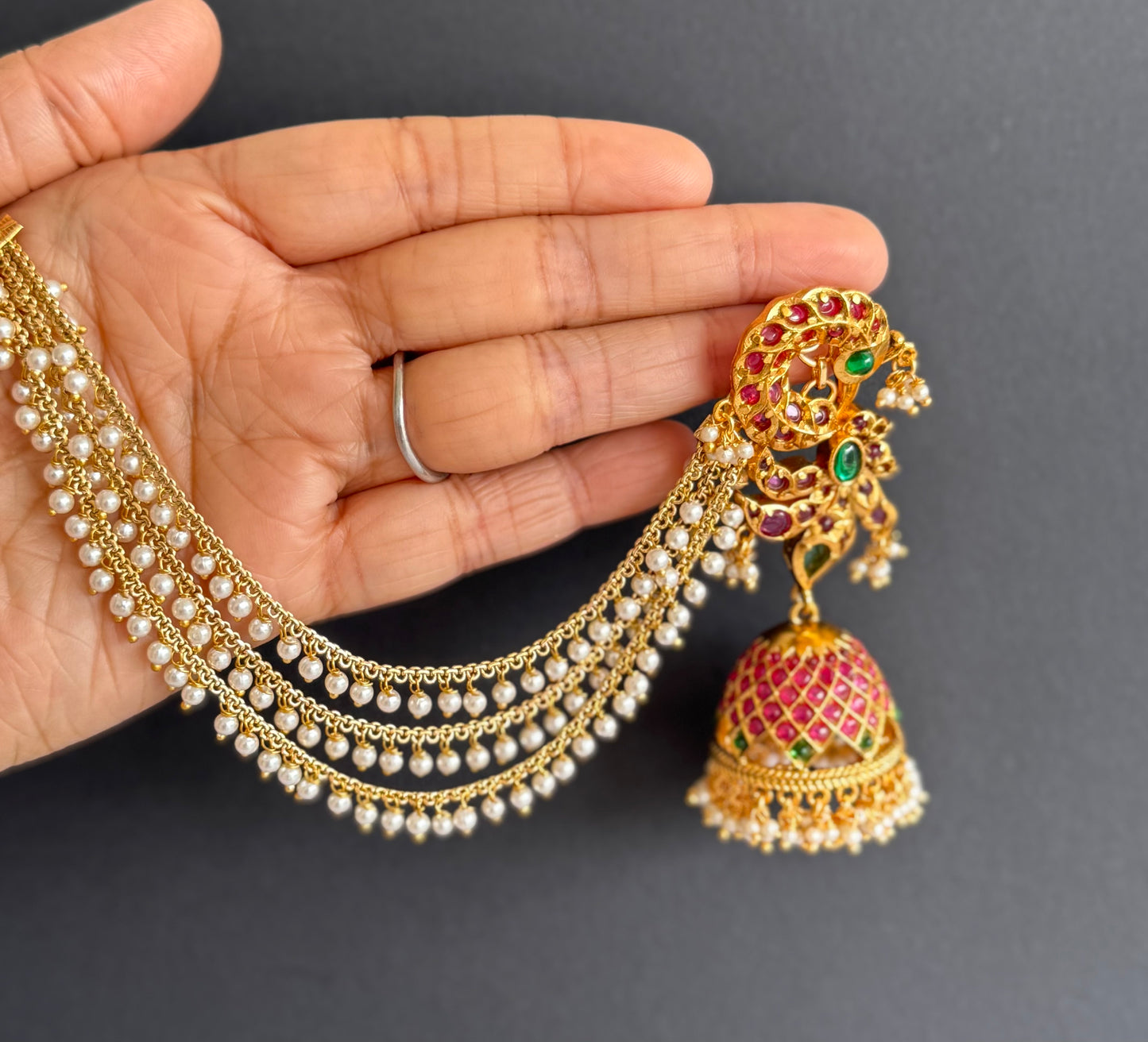 Matte finish kemp-green peacock jhumkka with pearl multilayer ear side chain dj-51492