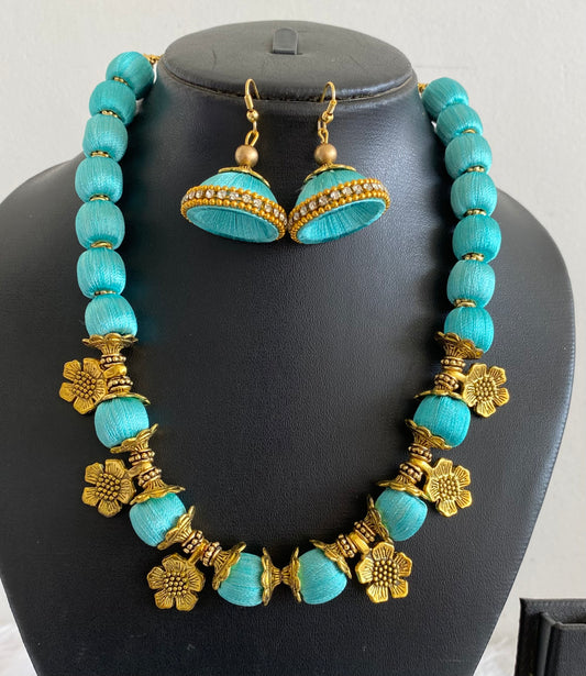 Antique gold tone sea-green silk thread flower necklace set dj-52928