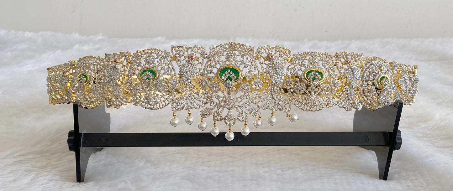 Two tone cz ruby-white-green pearl waist band dj-53524