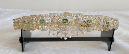 Two tone cz ruby-white-green pearl waist band dj-53524