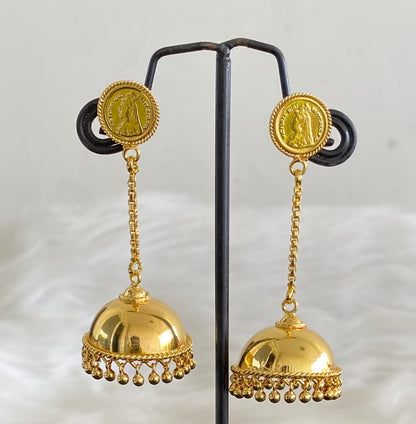 Gold tone kerala style head coin long jhumkka dj-54301