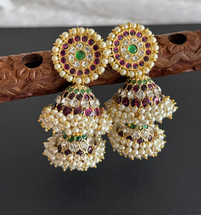 Gold tone precious kemp-green-white stone pearl big step jhumkka dj-51451