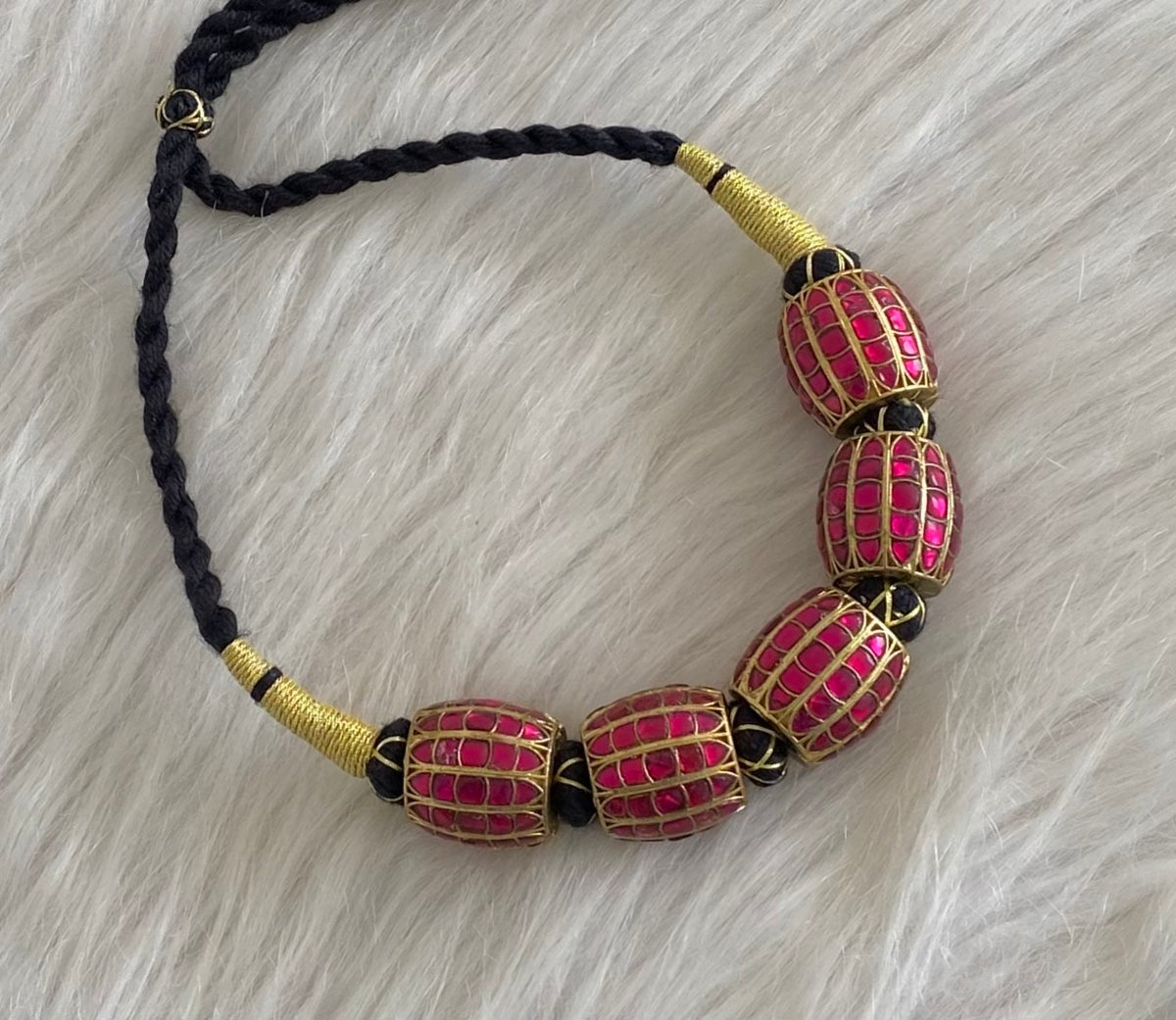 Antique gold tone big jadau beaded black thread necklace dj-54806