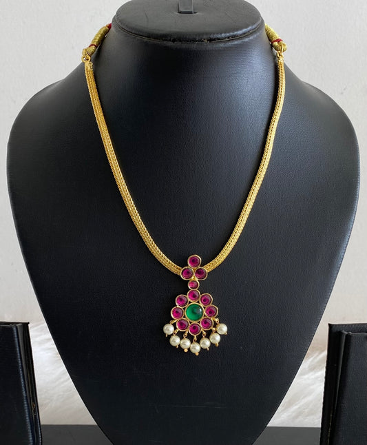 Gold tone precious kemp-green-pearl flower attigai necklace dj-50778