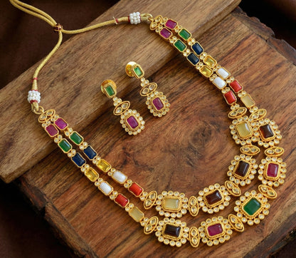 Matte finish navarathna double layer necklace set dj-42704