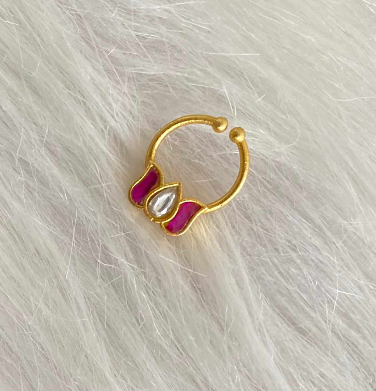 Gold tone kundan jadau pink-white stone lotus nose pin/bulakku dj-53753