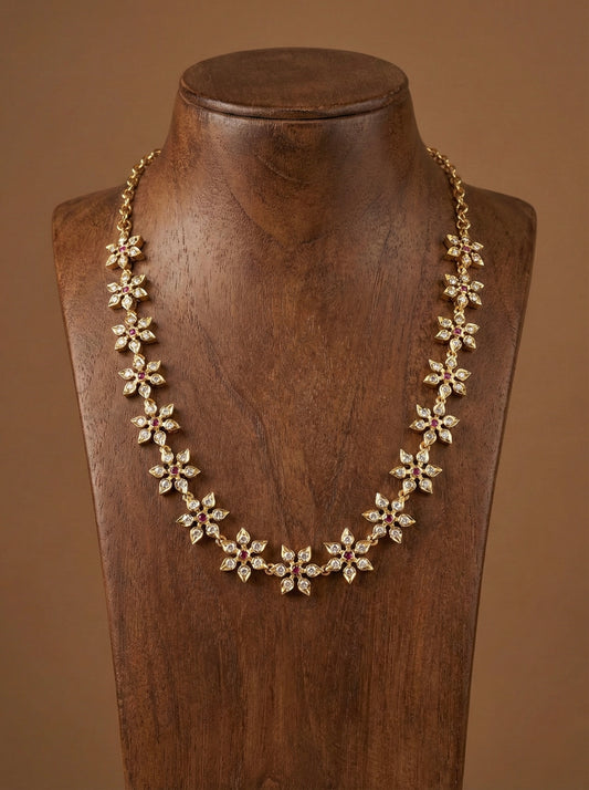 Gold tone ad pink white stone flower necklace dj-52627