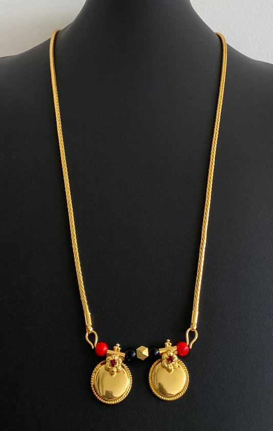 Gold tone 24 inches coral-black beads bottu mangalyam dj-54112