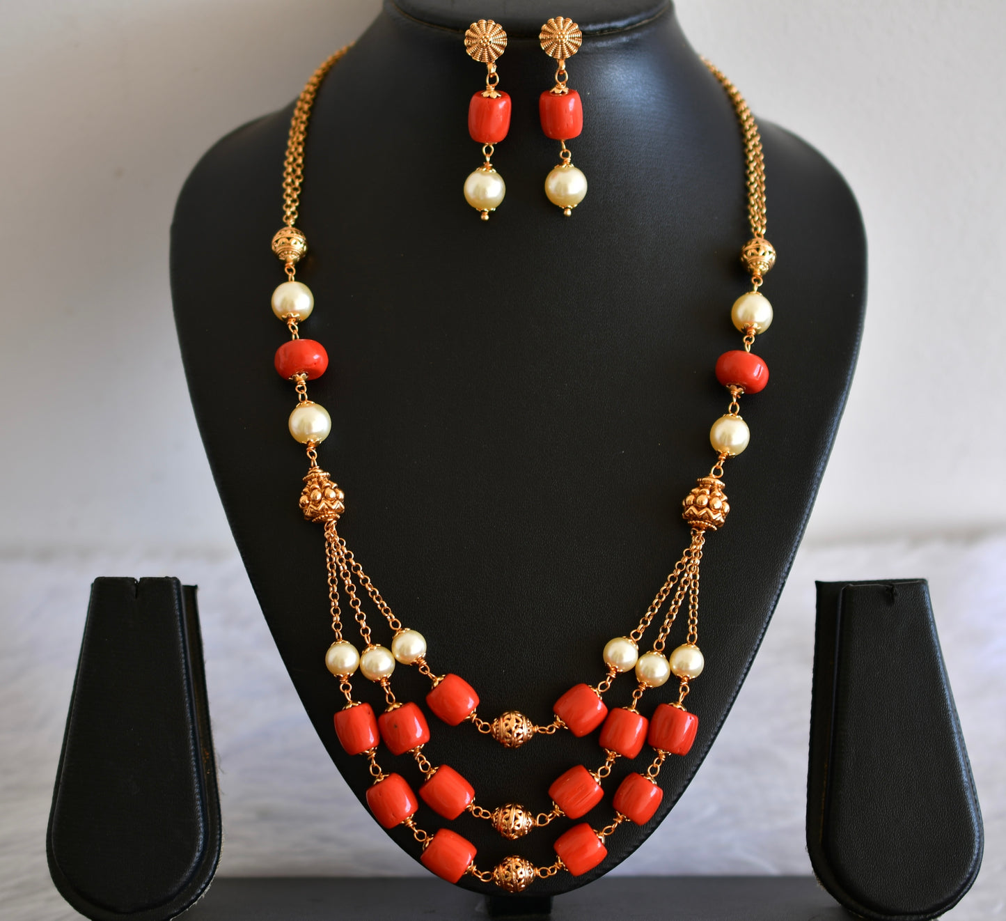 Antique gold tone pearl-coral beaded mala/necklace set dj-52691