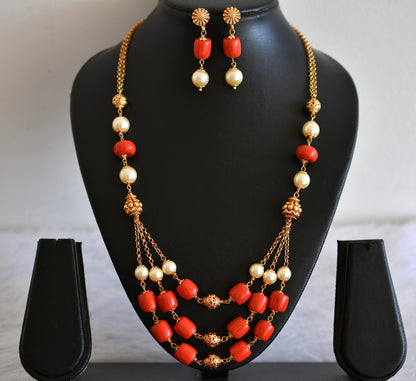 Antique gold tone pearl-coral beaded mala/necklace set dj-52691