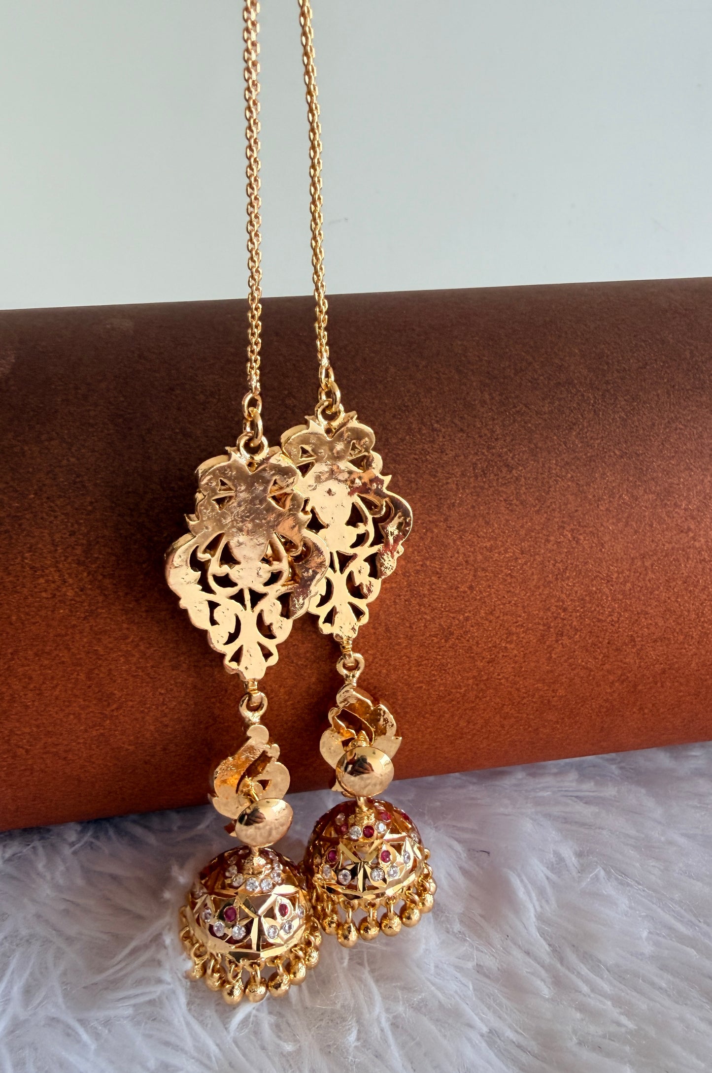 Gold tone AD pink-green south Indian peacock jhumkka with ear side chain dj-53272