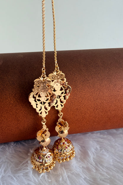 Gold tone AD pink-green south Indian peacock jhumkka with ear side chain dj-53272