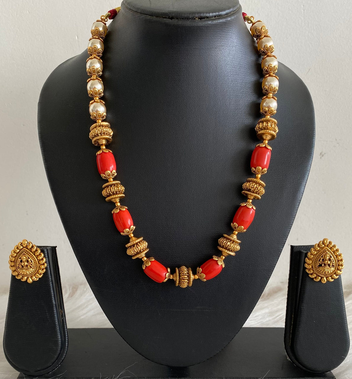 Antique gold tone coral pearl nakshi beaded necklace set dj-54945