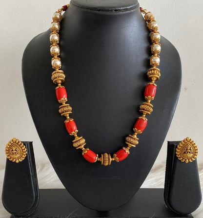 Antique gold tone coral pearl nakshi beaded necklace set dj-54945