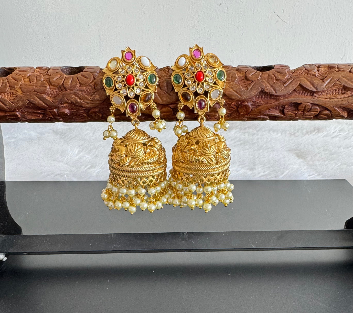 Matte finish cz white pearl cluster navarathna stone peacock jhumkka dj-47677